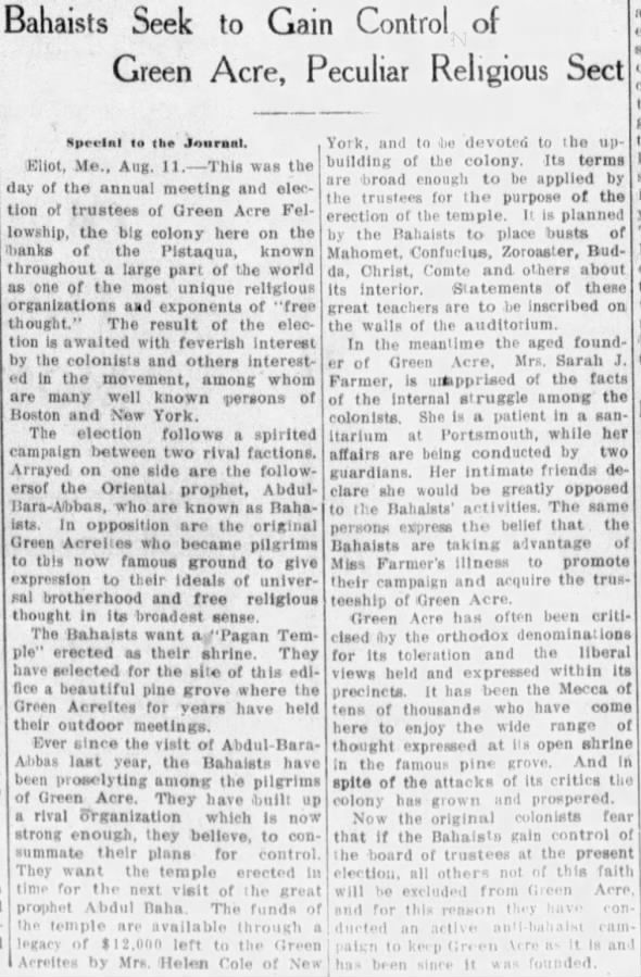 Bahaists Seek To Gain Control of Green Acre